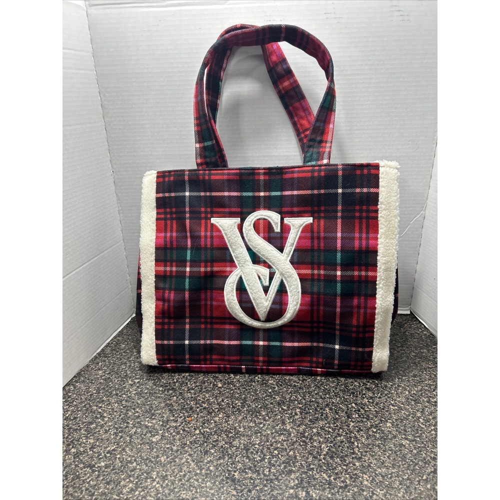 Victoria's Secret Plaid Sherpa Trim Tote Bag VS Logo Holiday Cozy